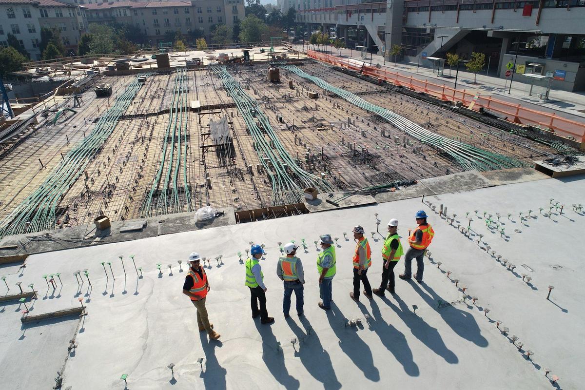 Urban construction site exterior with scaffolding